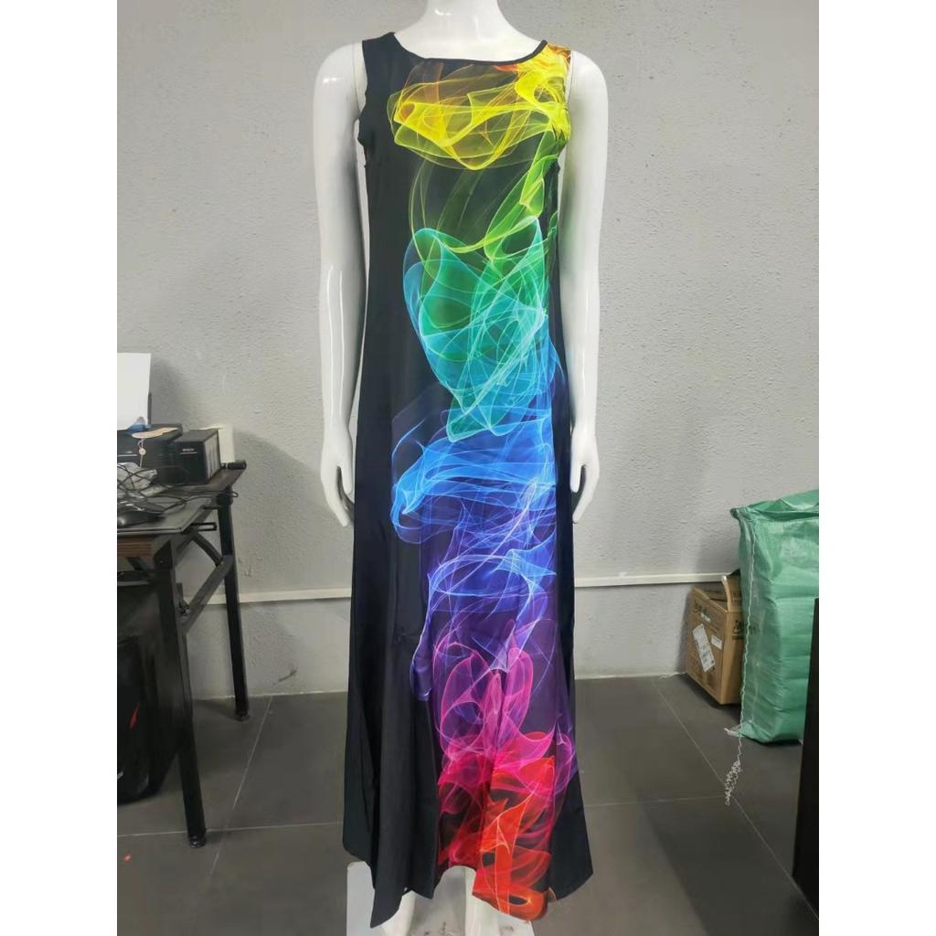 GMXIA Summer Positioning Flower Round Neck Sleeveless Loose Print Dress Long Skirt Women
