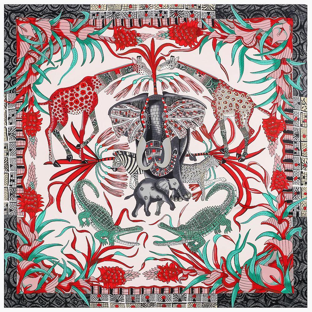 130cm Twill Silk Scarf Women Luxury Brand Giraffe Elephant Design Square Scarves Large Bandana Kerchief Hijab Female Head Scarf