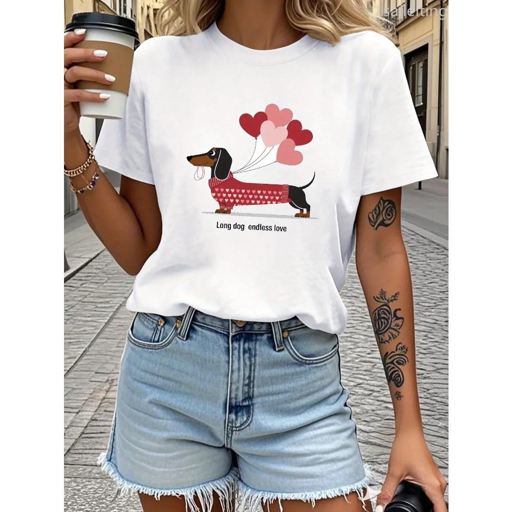 Teediy Такса Воздушные шары Длинная собака Бесконечная любовь Напечатанная Женская футболка Комфортная Женская одежда