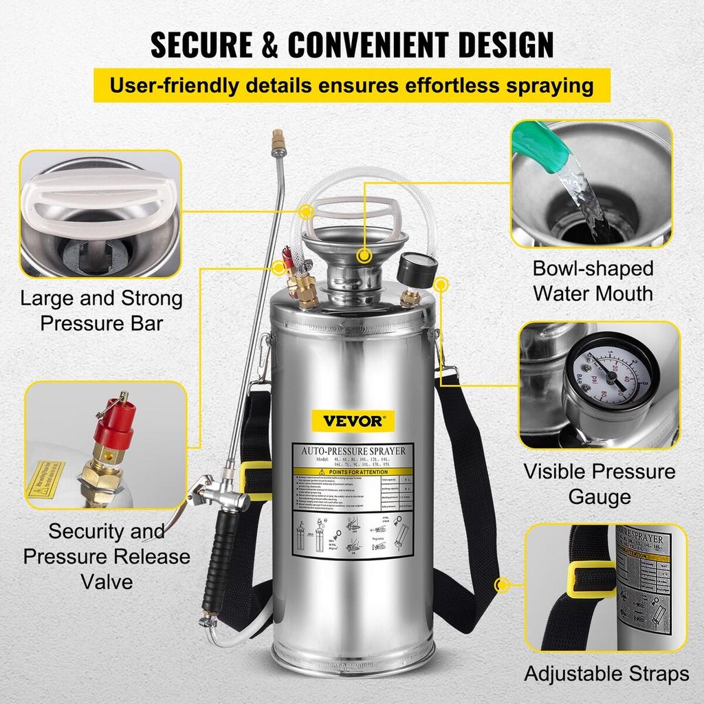 Stainless Steel Sprayer 8L Household Gardening and Floor Cleaning Sprayer, Suitable for the Current Neds of Industry, Agriculture, Commerce, Medicine