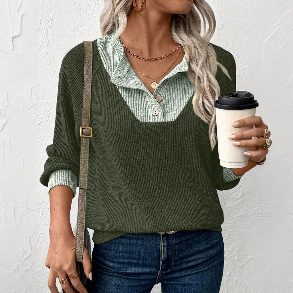 Женский пуловер с лацканами, модный топ контрастного цвета со строчкой