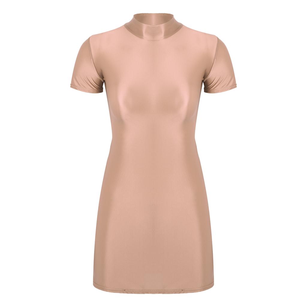 Womens Bodycon Mini Dress Glossy Fabric Mock Neck Short Sleeve Clubwear