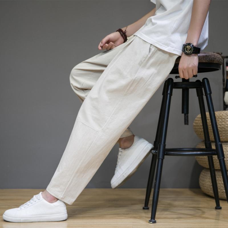 Весенние мужские однотонные свободные брюки из хлопка и льна в китайском стиле с девятью точками, модные повседневные спортивные брюки