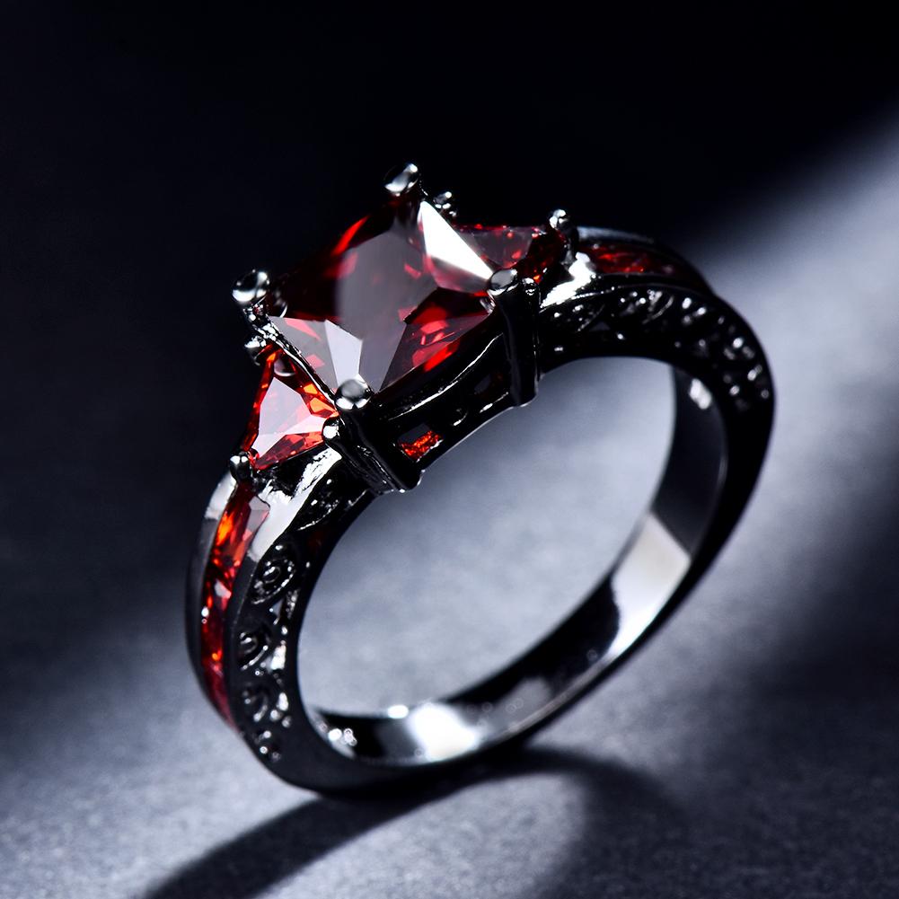 1 Pc Black Golden Color Princess Cut Red Stone CZ Claw Rings Wedding Band Jewelry Valentine's Day Gifts