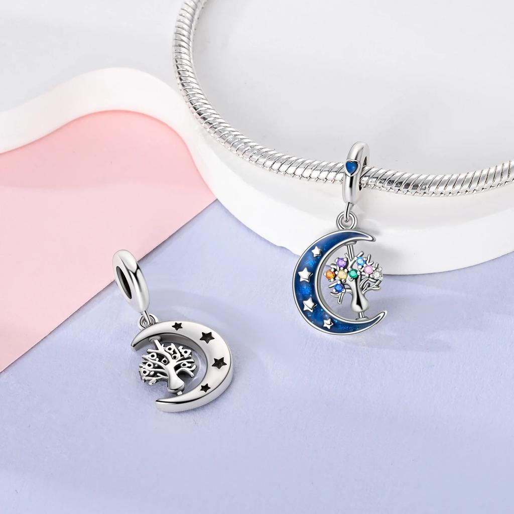 Authentic copper Charm Moon Yellow Stars Blue Zircon Feathers Bead Charms Compatible With Bracelets Women Diy Accessory Valentines Fine Gift