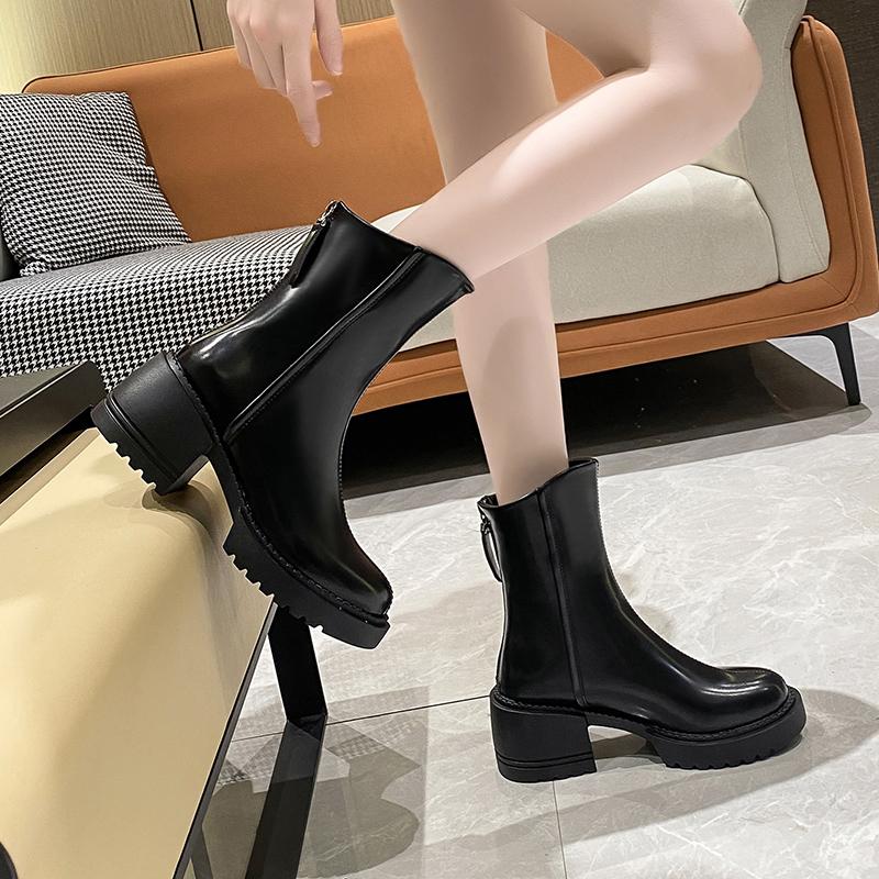 2024 Autumn New Women Boots Zipper Mid Heels Boots for Female Solid Round Head Non-slip Waterproof Ladies Fashion Shoes