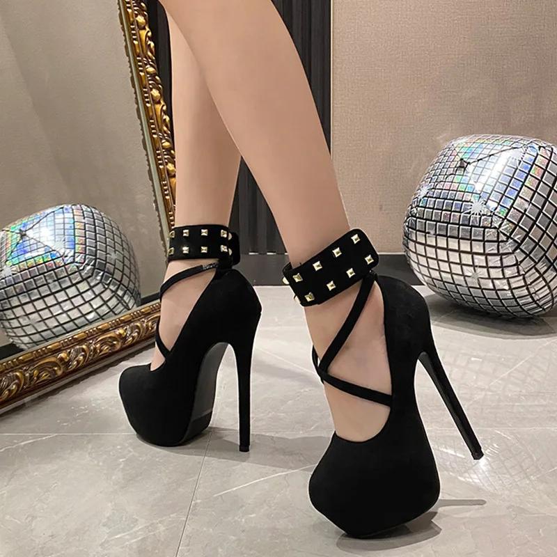 Новый дизайн заклепки платформы женские туфли-лодочки уличный стиль круглый носок шпилька высокие каблуки стриптизерша вечеринка женская обувь Zapatos De Mujer
