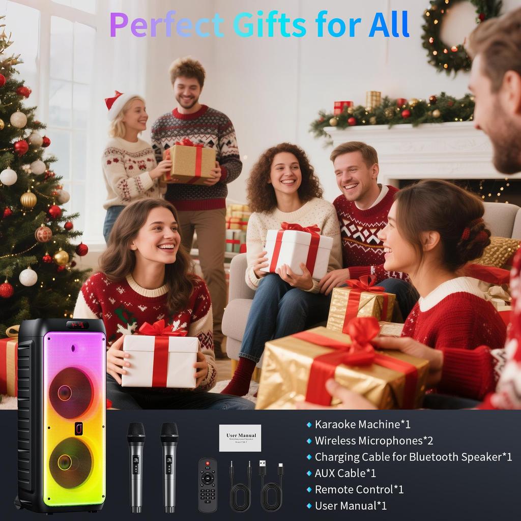 Большая Bluetooth-колонка T38, Беспроводная колонка на колесах и с ручкой, Караоке-машина с двумя микрофонами с TWS