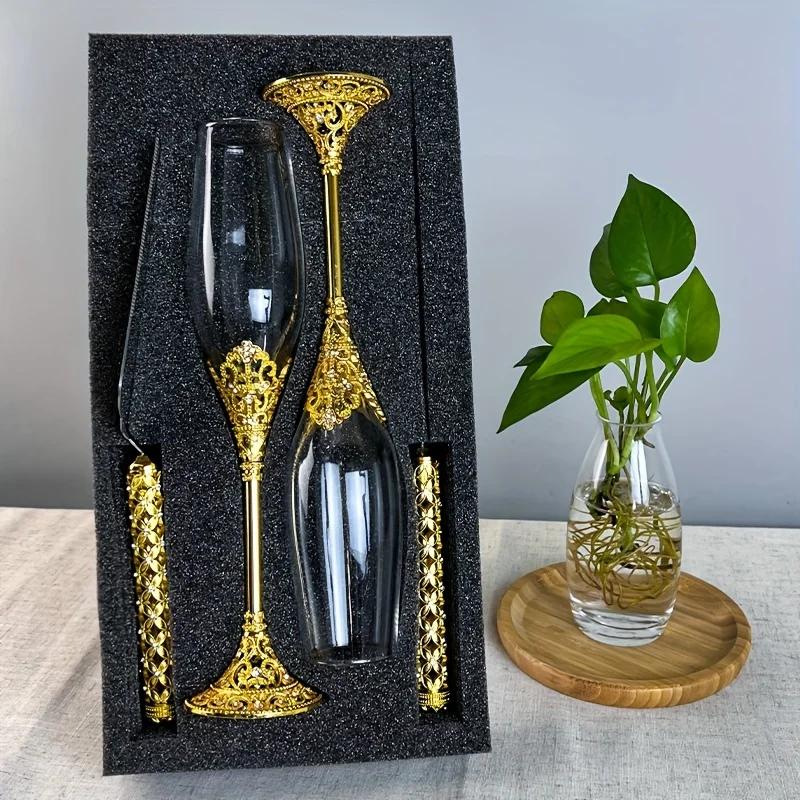 4Pcs Golden Wedding Cake Knife Glasses Server Set Crystal Rhinestone Champagne Flutes Toasting Glasses Perfect for Wedding Gifts
