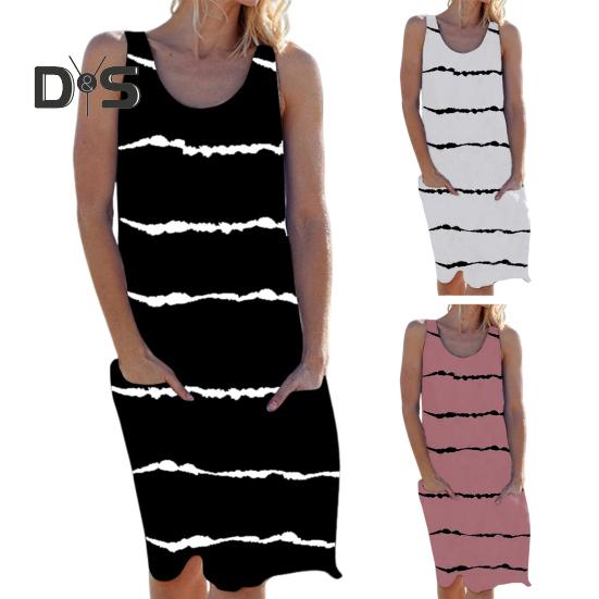 Женское платье-майка без рукавов, летнее повседневное платье-туника с круглым вырезом и карманом, мешковатый полосатый пляжный сарафан, купальник, бикини, накидка