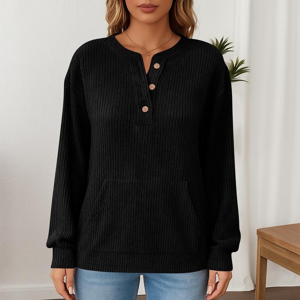 Women's Fashionable Solid Color Round Neck Button Pocket Loose Long Sleeved Pullover Top