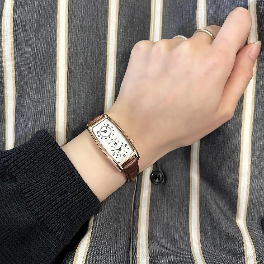 Часы с кожаным ремешком, прямоугольные, квадратные, Dual Time [Salvatore Mara] женские [] (№5 Коричневый)