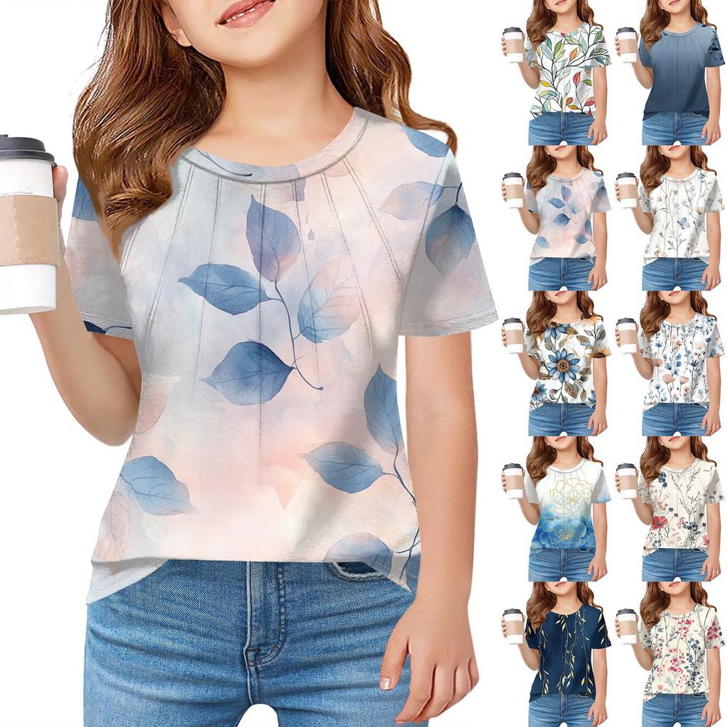 Детская футболка Fold A для девочек, летняя модная куртка с круглым воротником и цветочным принтом с короткими рукавами