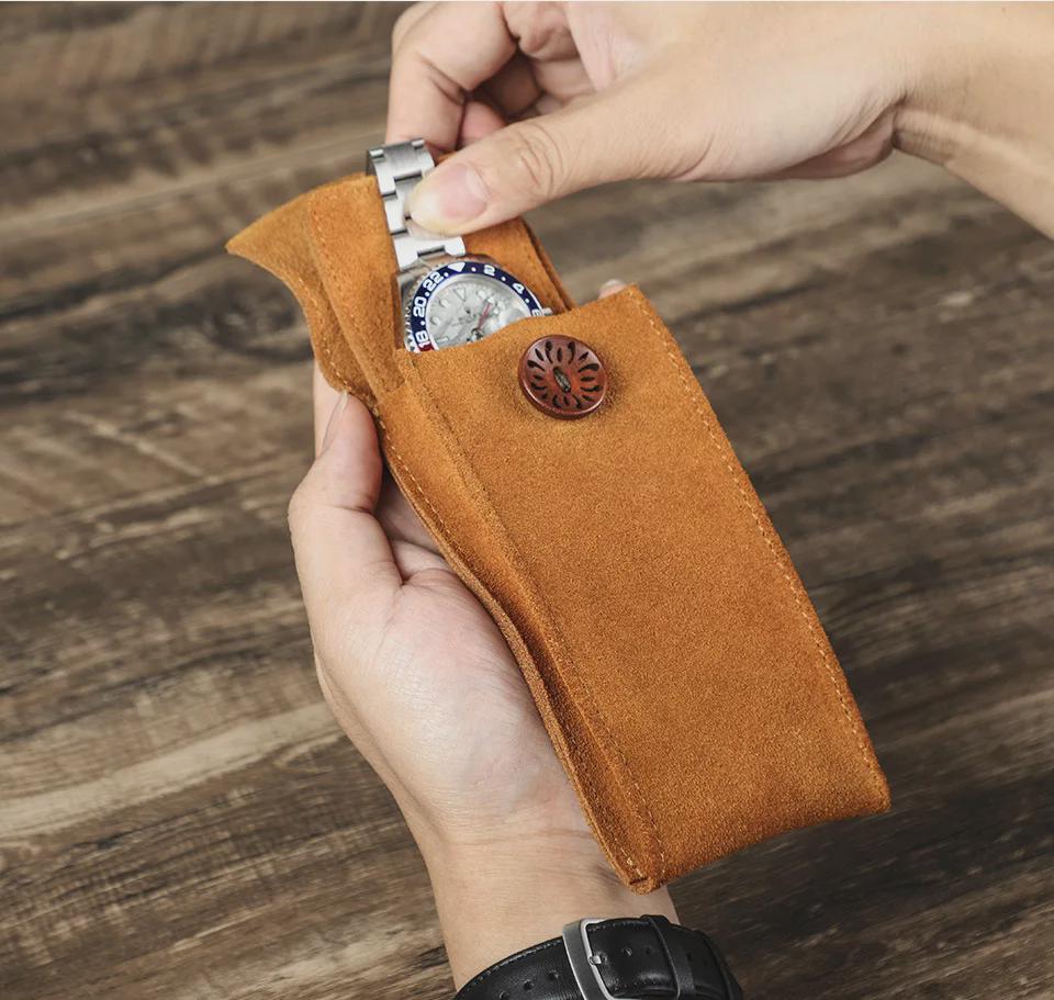 Suede Cowhide Leather Mechanical Watch & Portable Storage Bag