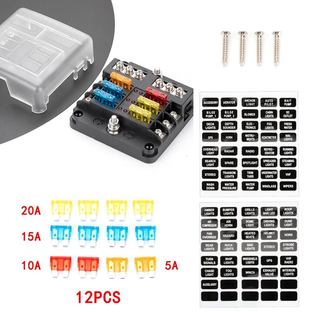 12V 6-Way Blade Fuse Block with LED Indicator Waterproof Protection Cover and Label Sticker for Automotive Car Truck Trailer