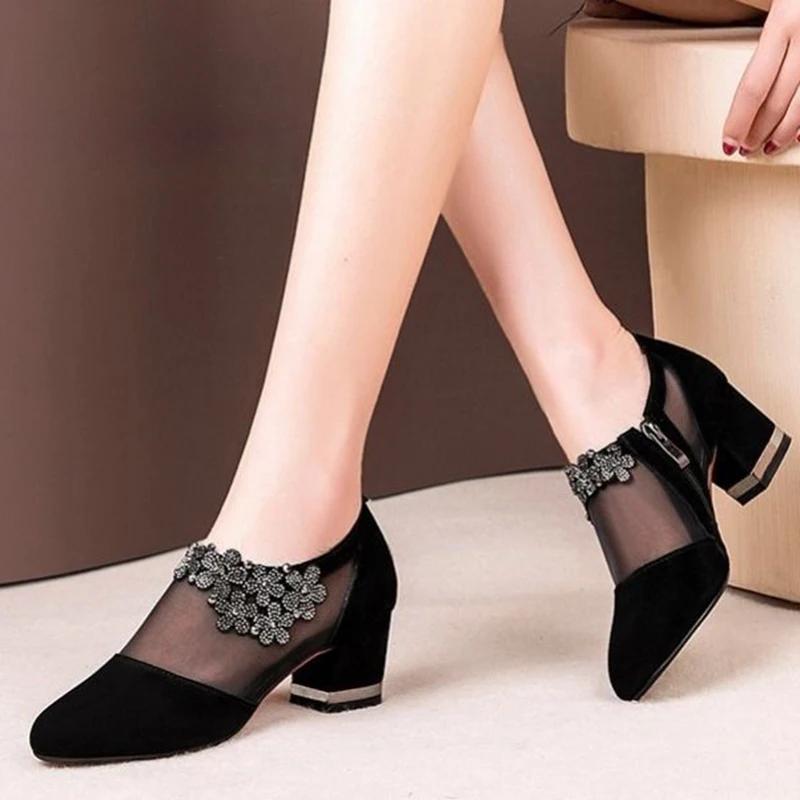 Fashion Women Shoes Sexy Black Hollow Mesh Pointed Heels Female Elegant Flower Shaped Rhinestone Ornament Footwear Ladies 35-43