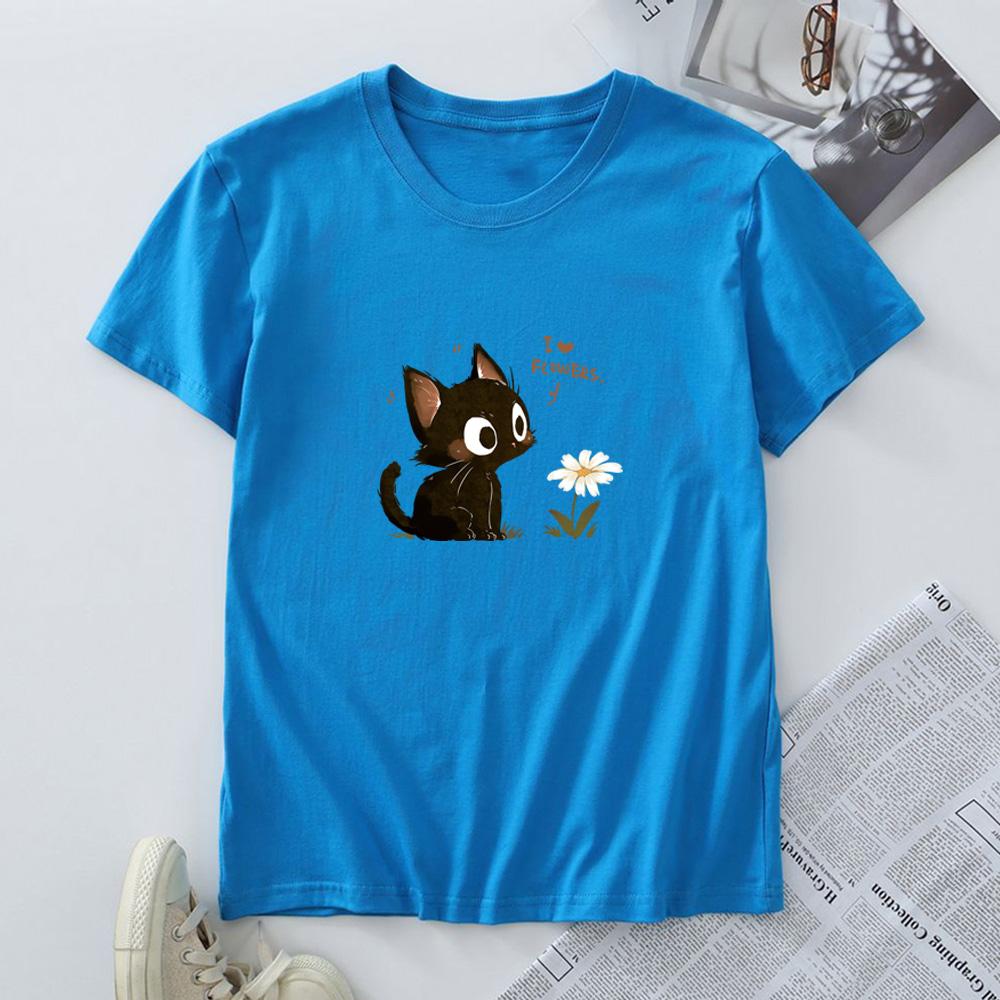 Женская хлопковая футболка Мода Каваи Харадзюку Кошка Графические футболки Лето Короткий рукав Женская футболка Топы Женская футболка Одежда