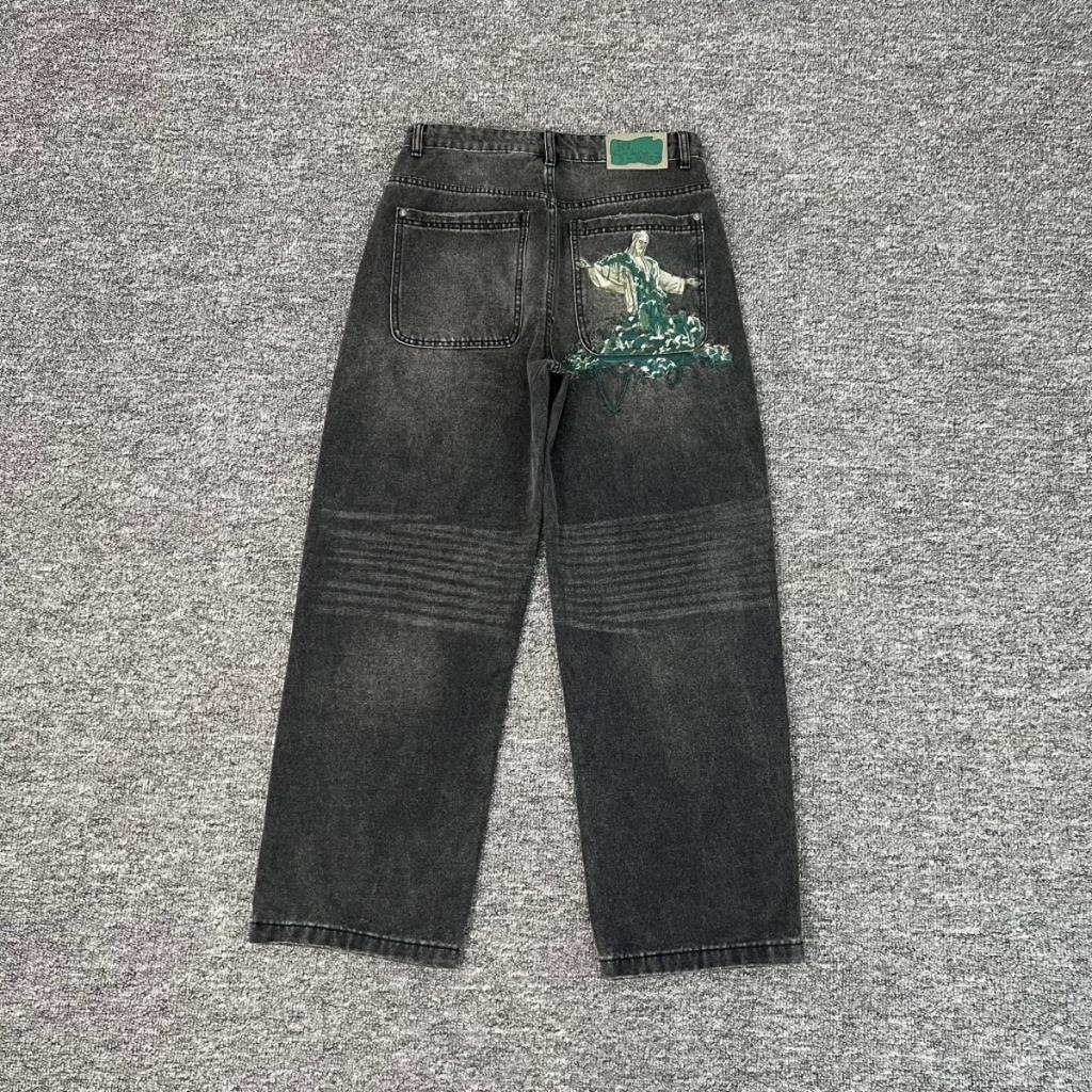 Американский Ретро Харадзюку Цветочная Вышивка Мешковатые Джинсы Мужские Уличный Стиль Модный Стритвир Y2K Повседневные Прямые Брюки