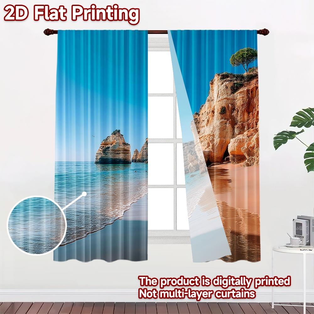 2D flat printing 2pcs Curtain Cliff beach ocean wave Digital Printed Polyester Drapes Party Decorations for Parties and Everyday