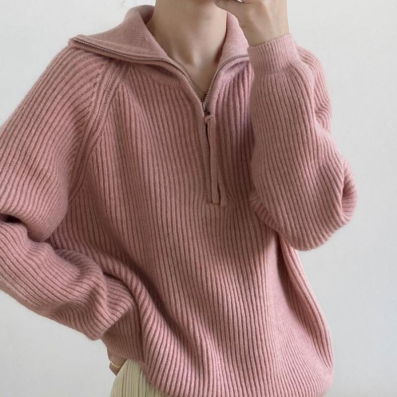 Женские свитера, осенне-зимние топы с длинными рукавами, свободная вязаная водолазка на молнии, однотонный пуловер, модный повседневный свитер большого размера