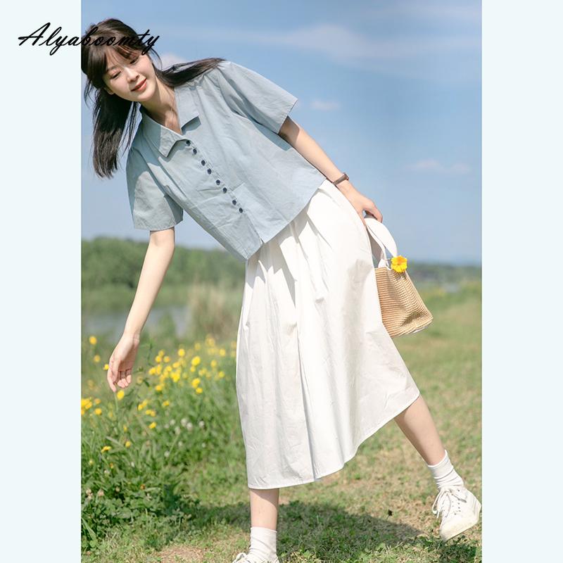 Японская Mori Girl Летняя Женская Белая Миди-юбка с Высокой Посадкой Базовая Повседневная Свободная Хлопковая Юбка Милая Базовая Женская Юбка на Все Случаи Жизни