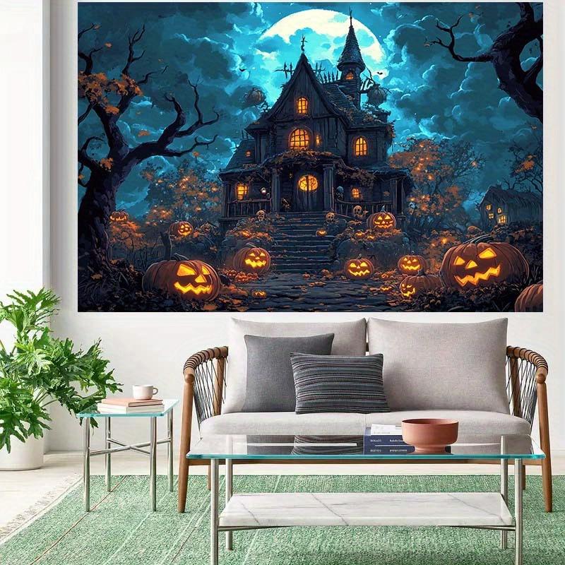 Ghost House Halloween Background Cloth - Non Electric Party Decoration Banner with Manor Pumpkin Lantern Full Moon and Bats