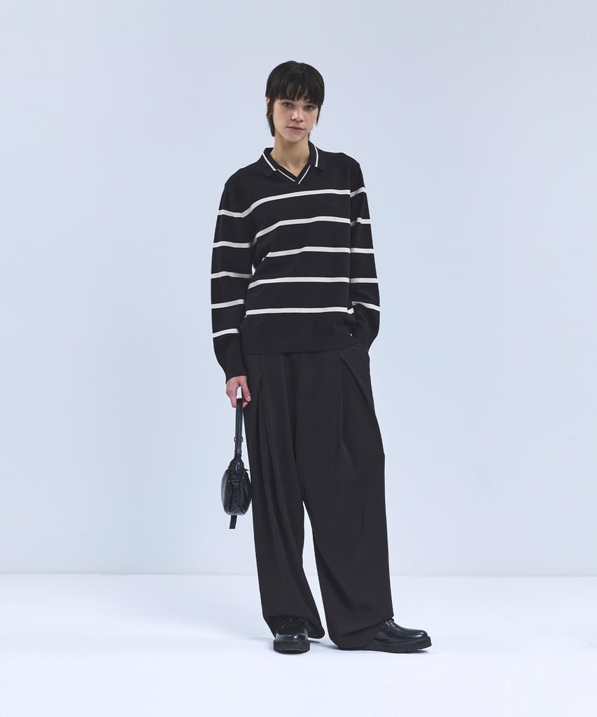 IRONYPORNO WHITELINE 86-Iroj365 Open-Neck Striped Long-Sleeve Knit Black