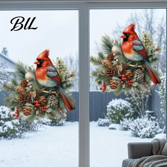 Winter Seasonal Window Ornaments Christmas Bird Wall Sticker, Decorative PVC Decal with Pine Branch Cone And Reusable Holiday Glass Clings Red Berry,
