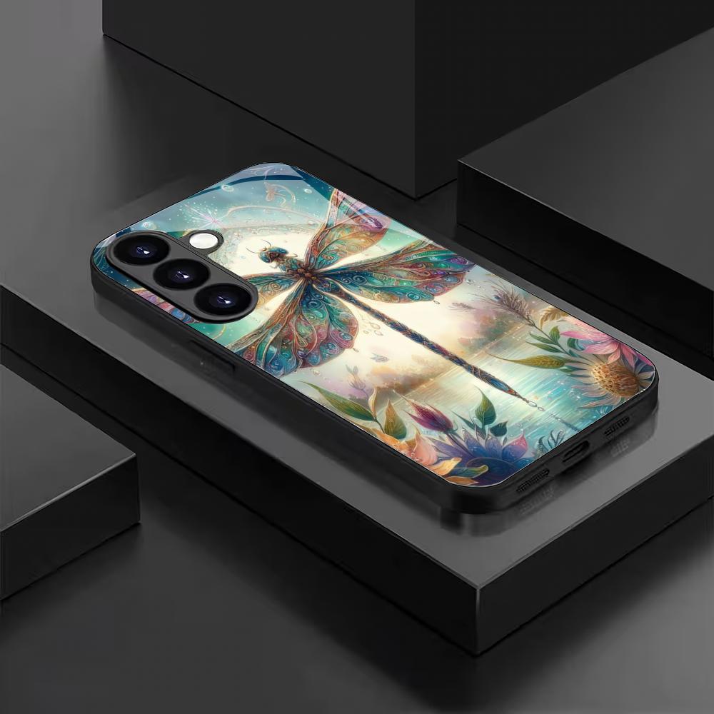 Закаленное стекло с узором стрекозы для телефона, подходит для Samsung GalaxyS26 S25 S24 S23 S22 S20FE/Ultra/Plus, противоударная задняя крышка