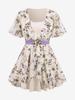 Rosegal Plus Size Flutter Sleeves Colorful Floral Embroidered Ruffles Layered Lace Trim 2 In 1 Chiffon Belted Top
