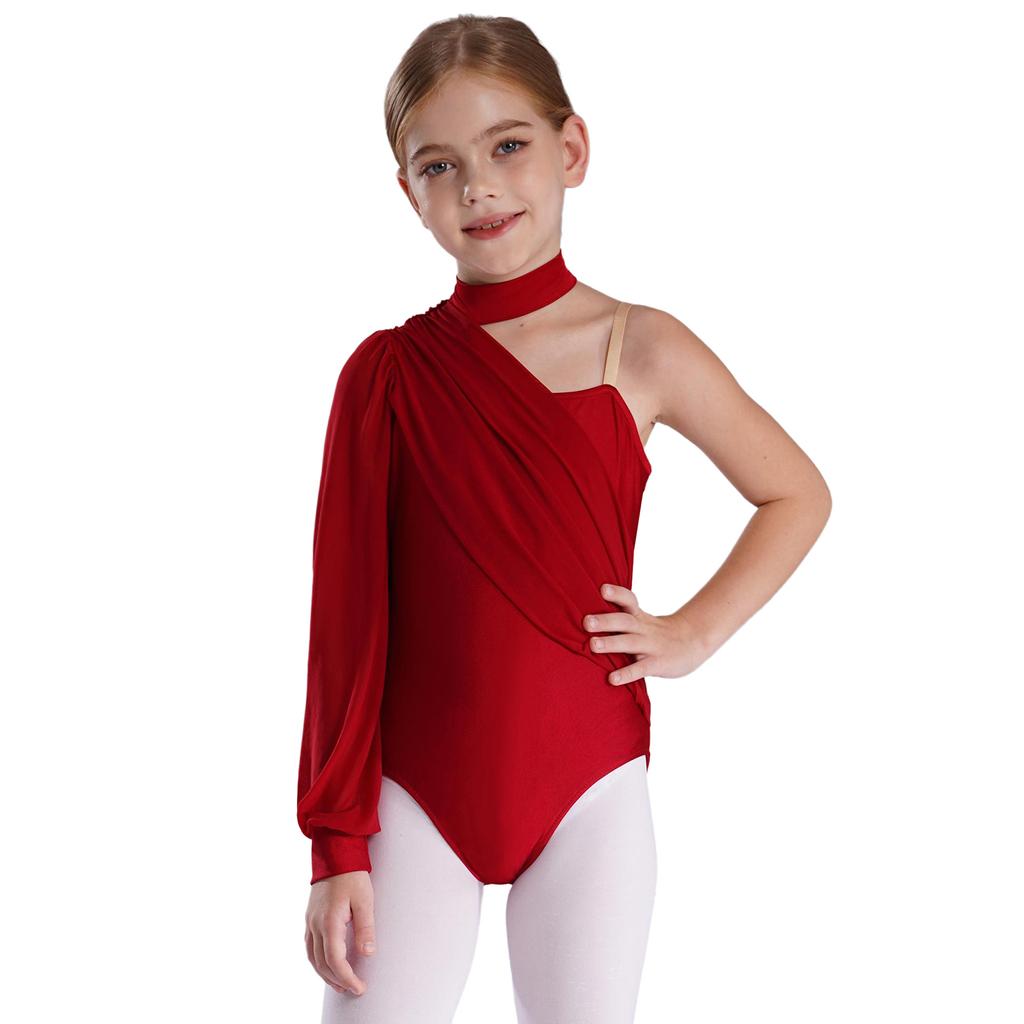Girls One Shoulder Dance Leotard Stage Performance Costume Mock Neck Long Sleeve Ruched Mesh Overlay Bodysuit for Kids Gymnastics