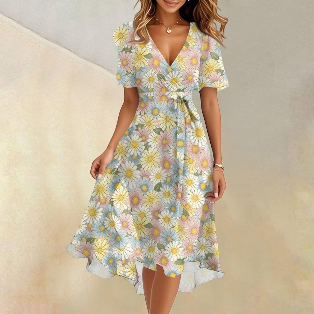 Women's Summer Fashion V-Neck Flared Dress Short Sleeve Floral Dresses