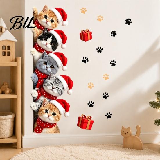 Waterproof PVC Festive Decor Christmas Cat Door Sticker, Cute Santa Hat Kittens Wall Decal, Self Decals Adhesive Sticker for Bedroom Bathroom