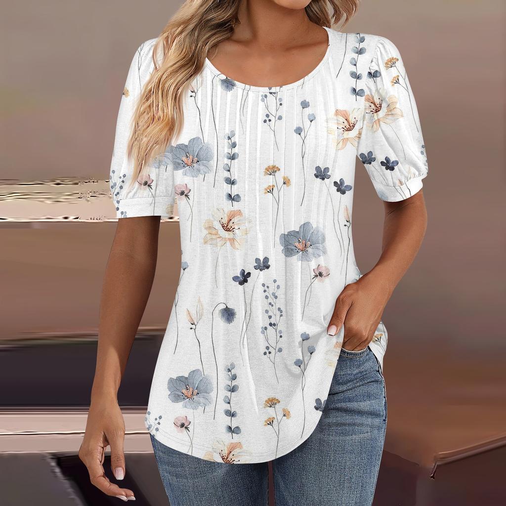 Женские пышные туники с короткими рукавами, топы, плиссированные блузки с воротником, повседневные свободные весенне-летние футболки