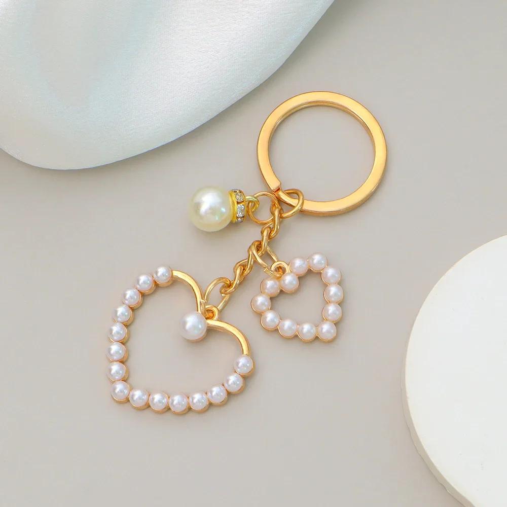 Retro Heart Pendant Keychain Black White Camellia Pearl Pendant Women Purse Handbag Accessories Trendy Car Keyring Travel Gift