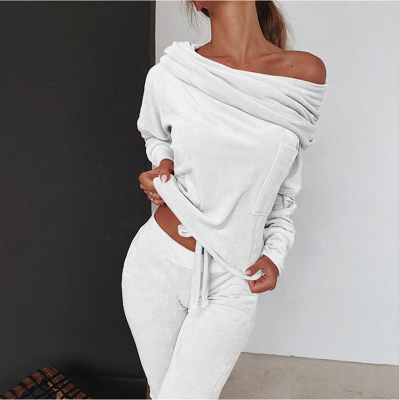 Женская мода осенне-зимнего повседневного комплекта из 2 предметов из кораллового флиса с открытыми плечами + длинные брюки Комплекты для бега Дышащая спортивная одежда Одежда для йоги