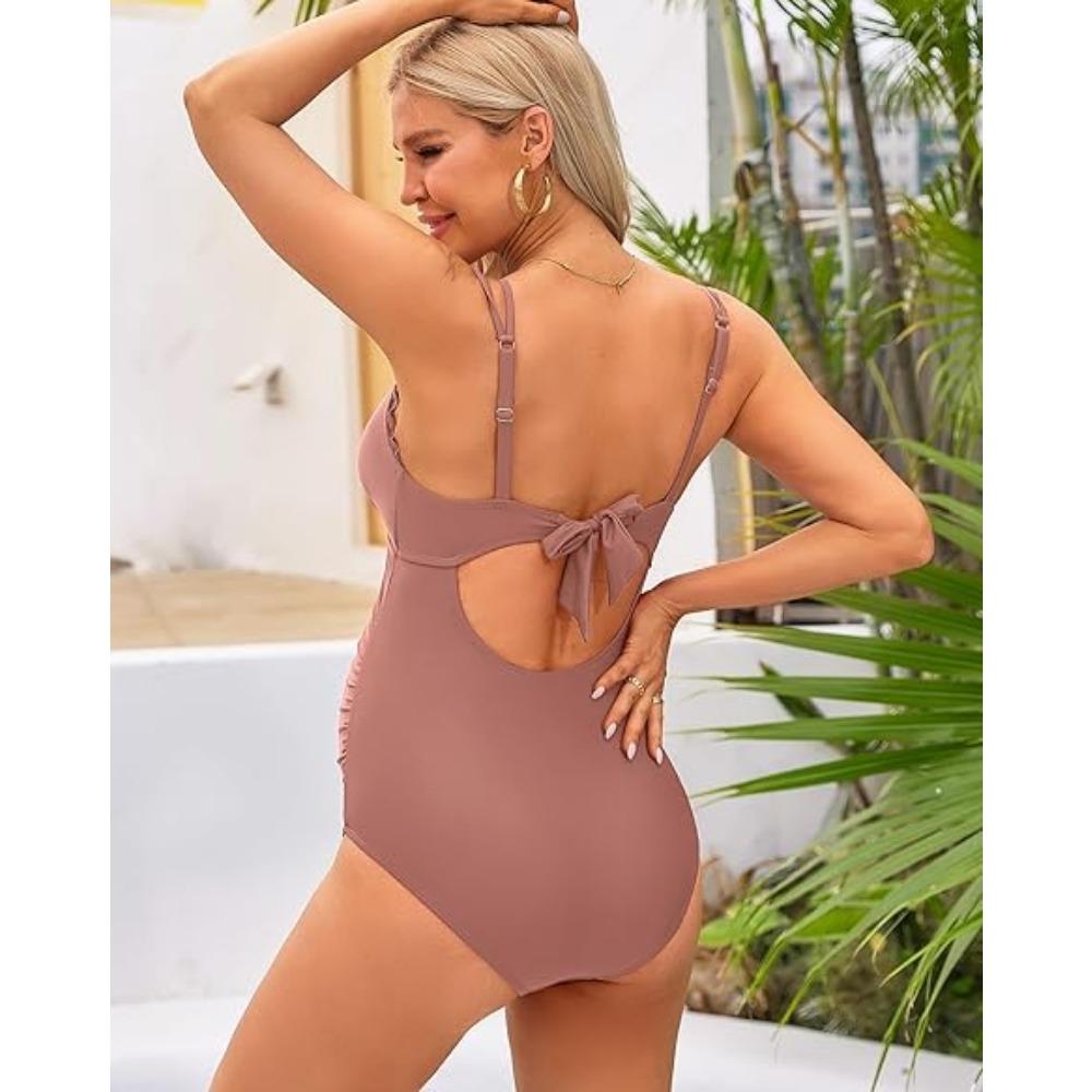 CHARMLEAKS Scallop Trim Maternity Swimsuit One Piece V Neck Pregnancy Bathing Suit Ruched Swimwear Cutout Tie Back