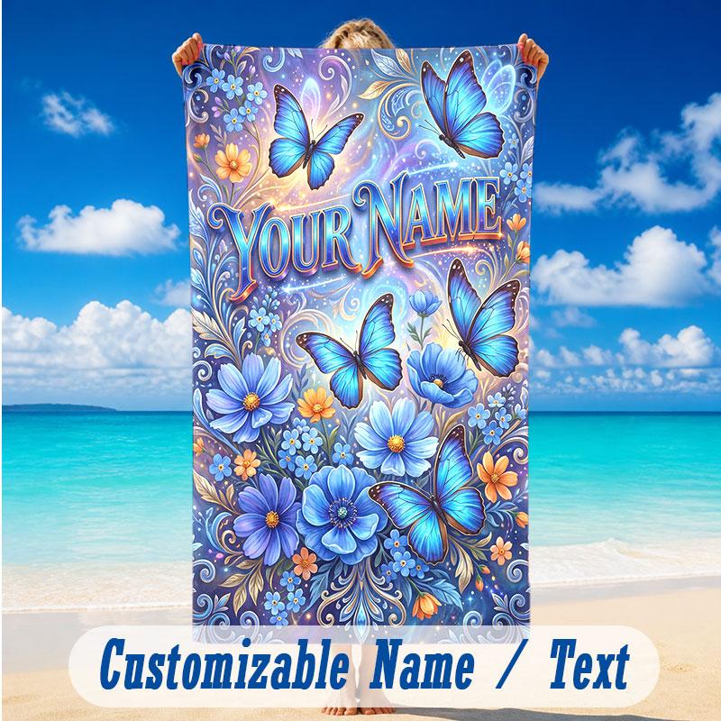 Butterfly Theme Beach Towel Personalized Custom Name & Text Soft Quick Dry Beach Towel for Swimming Travel