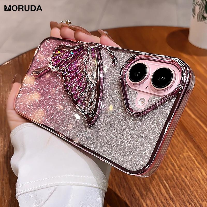 Cartoon Butterfly Glitter Quicksand Case for iPhone 16 15 14 13 Pro Max Plus 11 12 Plating Gradient Bling Camera Film Soft Cover