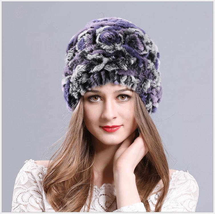 Russian Rex Rabbit Fur Hat Hand Made Knitted Beanies Soft Snow Hats