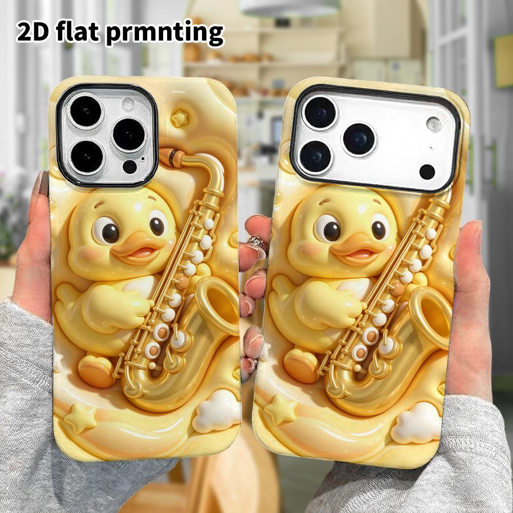 Чехол для телефона: 2D плоский дизайн, подходящий для защитного чехла iPhone 18, 17, 16, 15, 14, 13 Pro, маленькая желтая уточка, играющая на саксофоне, идеальное Рождество