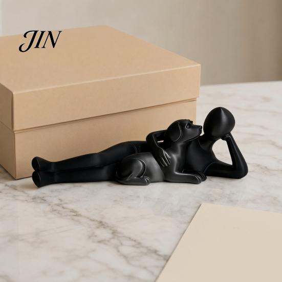 Modern Abstract Art Decor 3D Printed Man Lying on Dog Statue, Minimalist Human Pet Desktop Ornaments for Owners Figurine, Matte Black Sculpture