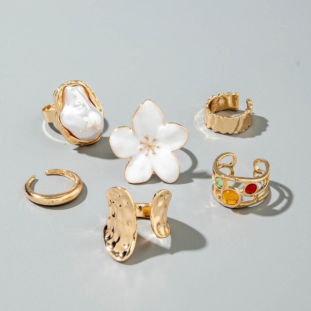 Vintage Elegant Baroque Pearl Combination Ring Set, Six Piece Metal Lava Flower Ring Set, Women's Jewelry
