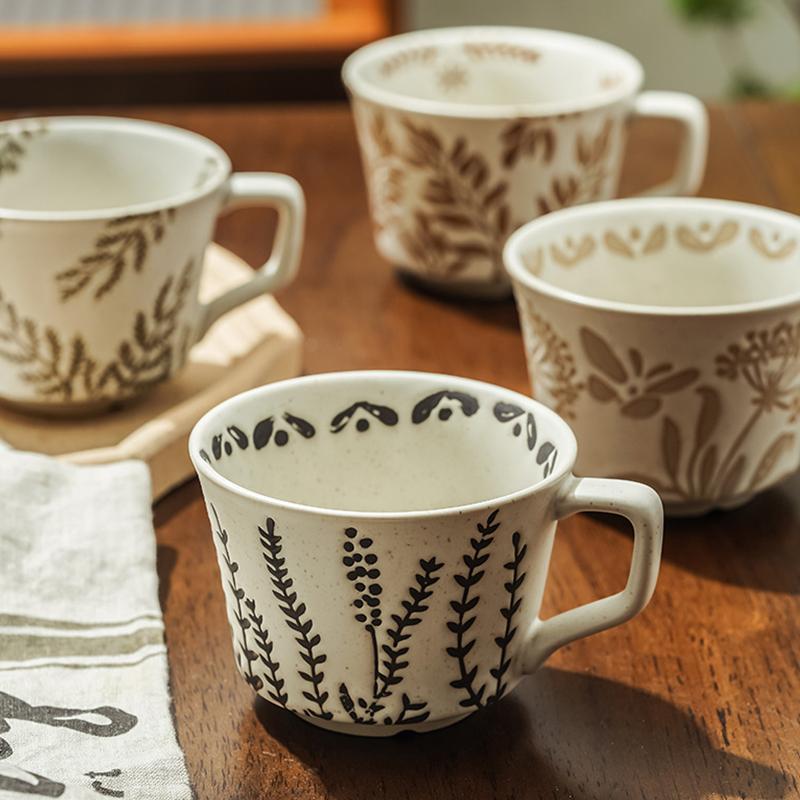 1 шт. Кружки из каменной керамики Винтажные с ручками Офисная грубая керамика Кафе Растение Резьба Скандинавская керамическая кофейная кружка Фруктовый чай Бытовая