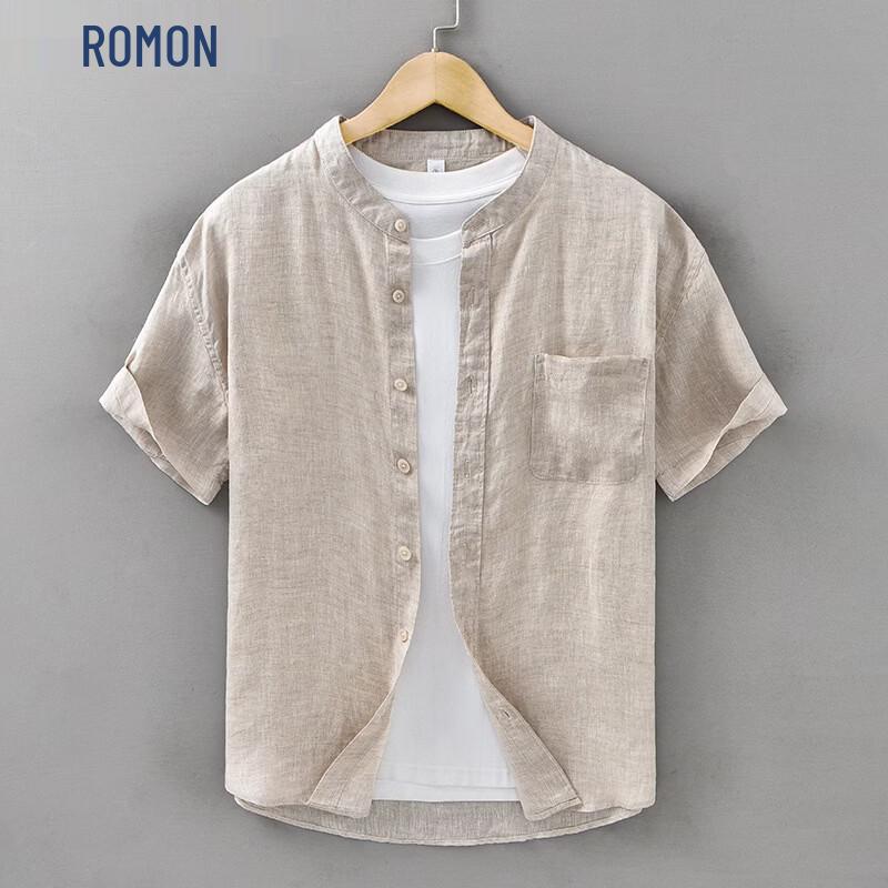 ROMON Мужская рубашка из чистого льна с коротким рукавом, китайский стиль, воротник-стойка