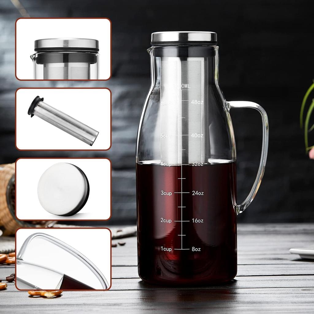 Pokaro Tea Cold Brew Iced Coffee Maker, 1500ml, Cold Brew Coffee Pot, Made of Heat-Resistant Glass, Coffee Server, Coffee Jug, Cold Brewer, Removable