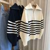 Women's Autumn French Retro Striped Sweater - Turn-Down Collar, Half-Zip Pullover.