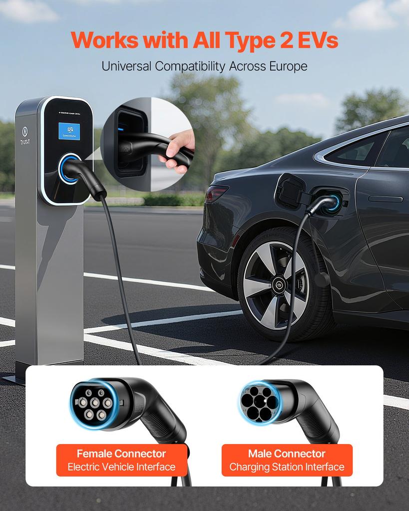 VEVOR EV Charger Extension Cable, 16Amp 10 m Max 11 kW Extension Cord Compatible with All Type 2 Electric Vehicle Chargers