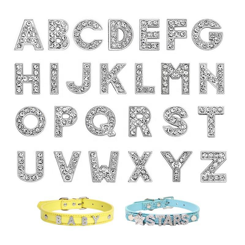 High Quality Bling Rhinestone Slide Letter Charms Stainless Steel with 10mm Hole for Pet Collars for Dogs A-Z 26 Letters