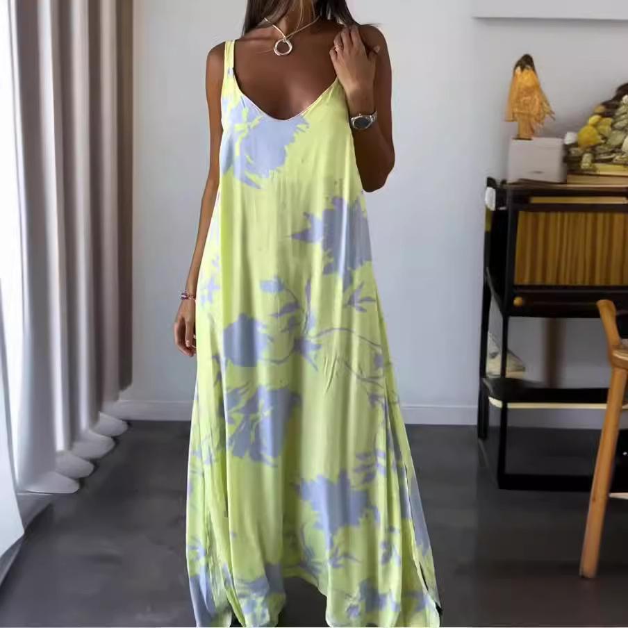 Пляжное длинное платье для отпуска для женщин. Летнее платье с v-образным вырезом и бретельками на бретельках со свободным подолом и разрезом. Повседневное дышащее легкое модное платье макси.